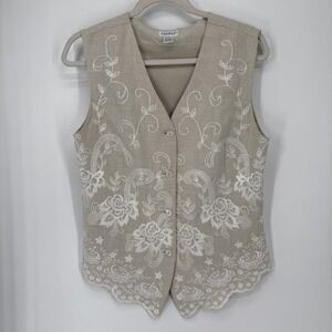 VTG Linen Vest Womens 6 Beige Embroidered Boho Layer Minimalist Cottegecore